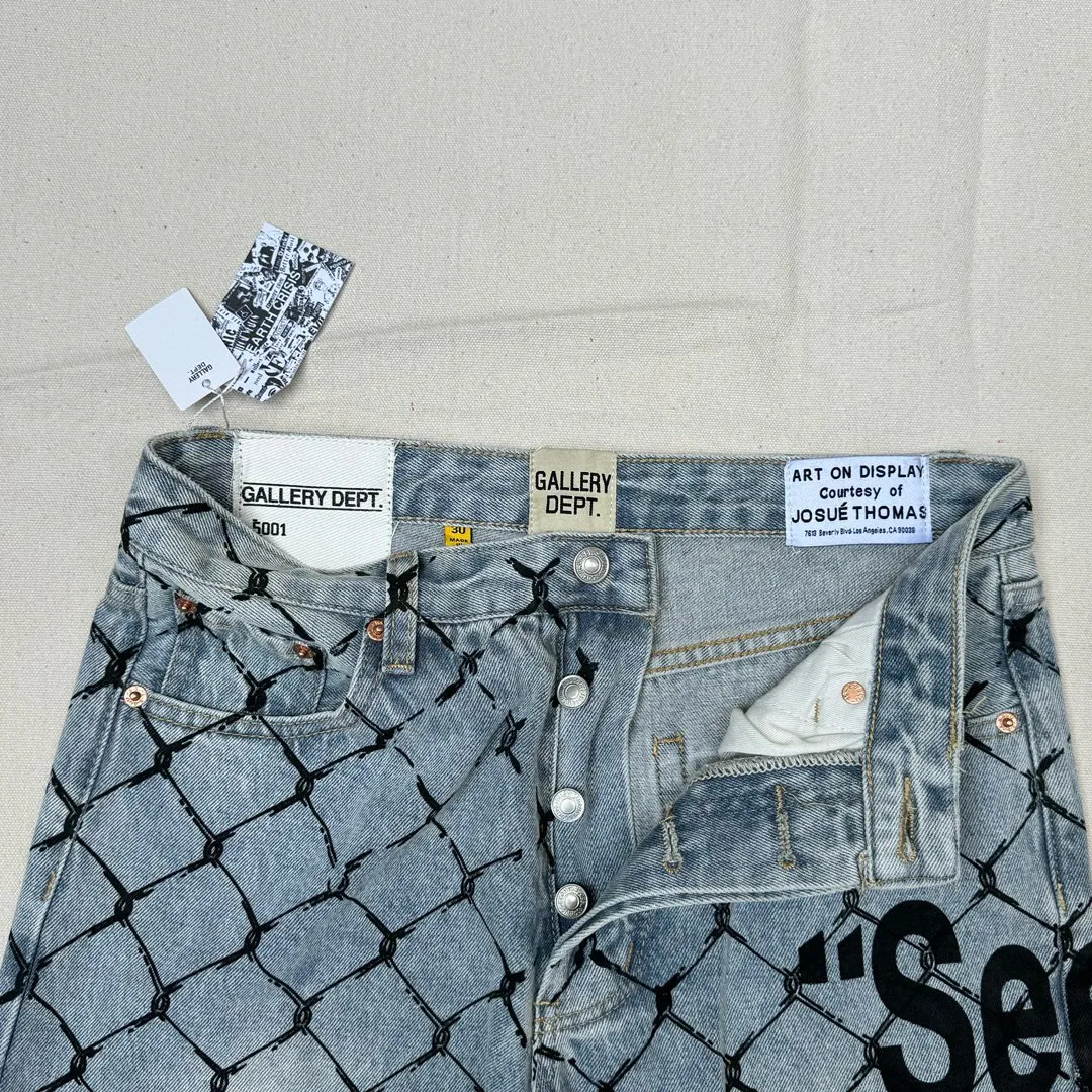 -Size upper body P240#G786 GALLERY DEPT. Steel mesh letter printed slim jeans jeans casual group trendy American slim men's and women's trousers Color: blue Size: S-XXL (corresponding to 28-36)